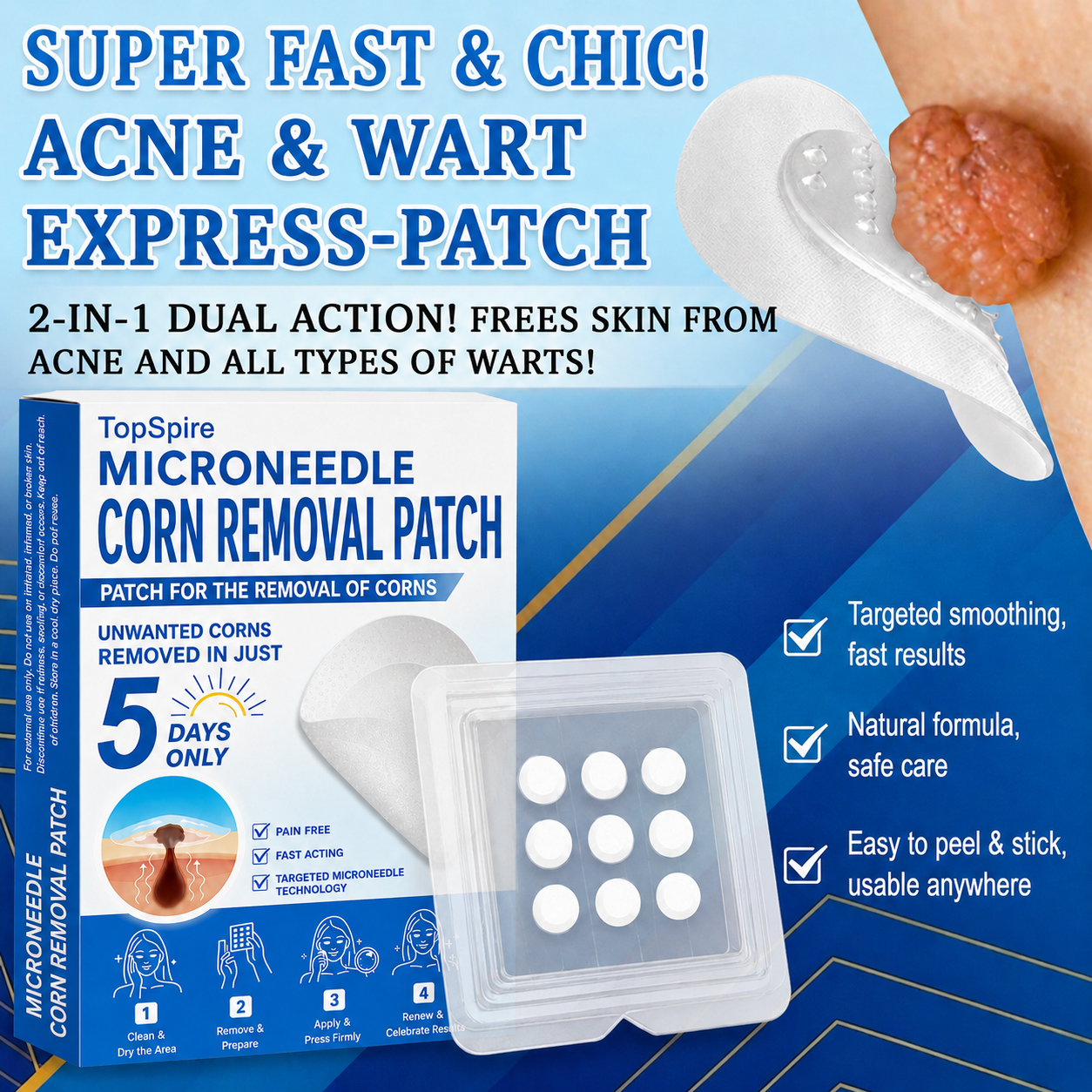TopSpire® 2-in-1 Microneedle & Hydrocolloid Patch | Targeted Solution for Raised Moles, Acne, Flat Warts & Skin Tags | Helps Improve the Appearance of Fine Lines, Scars & Skin Imperfections | Invisible Star Pimple Patches for Face & Body